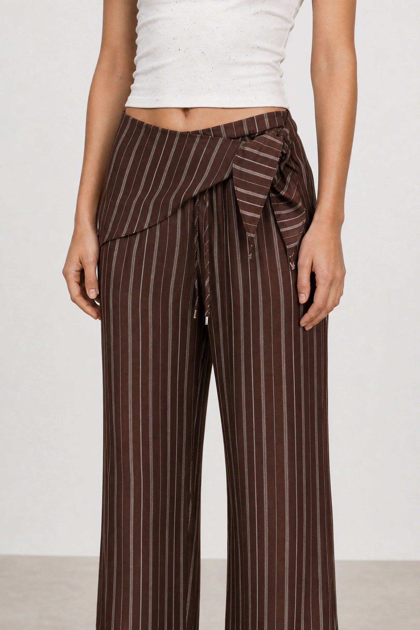 Dark brown and white linen blend striped scarf waist trousers