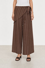 Dark brown and white linen blend striped scarf waist trousers