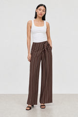 Dark brown and white linen blend striped scarf waist trousers