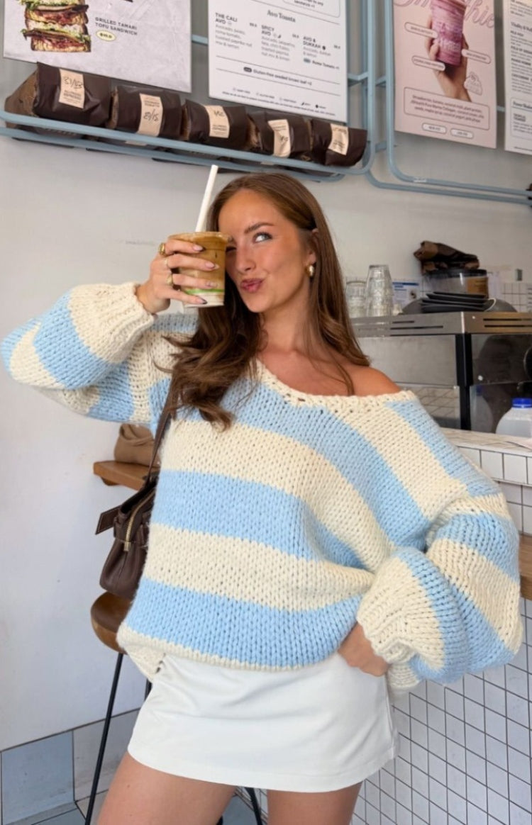 Delvey Light Blue Striped Chunky Knit Sweater