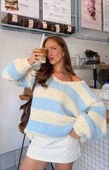 Delvey Light Blue Striped Chunky Knit Sweater