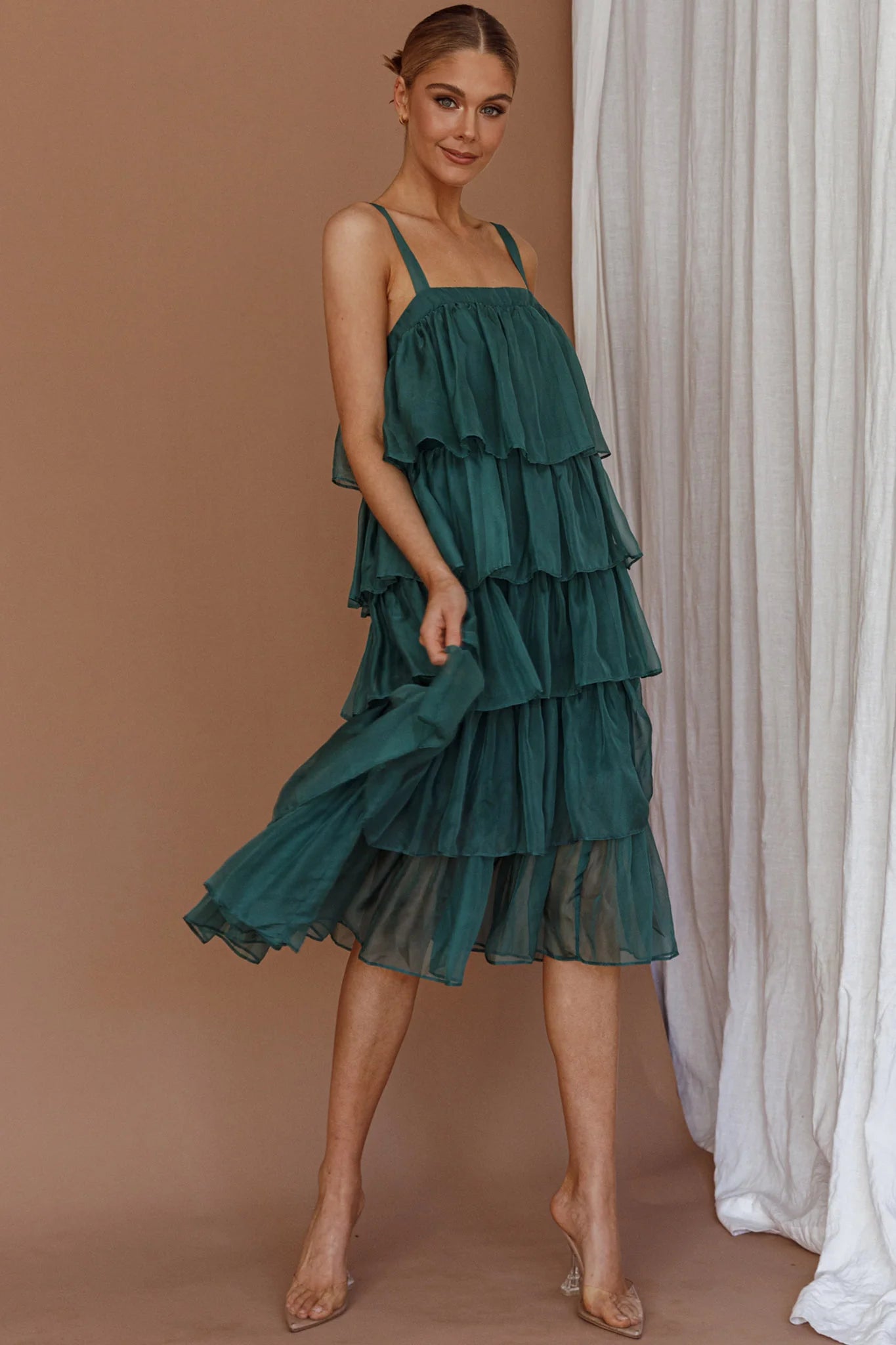 Merry Layered Frill Midi Dress Turtle Green