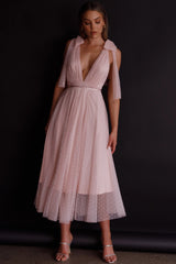 Kathryn Tied Shoulder Mesh Midi Dress Blush