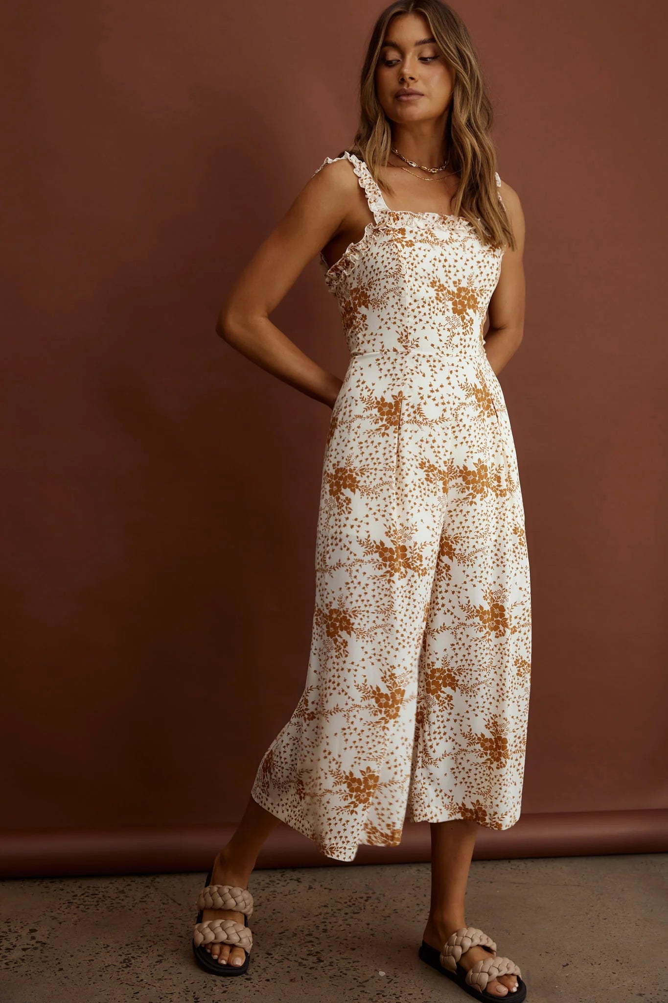 Magdalene Frill Strap Midi Jumpsuit Vintage Floral Tan