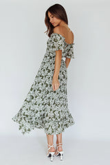 Voyager Off-Shoulder Bell Sleeve Midi Dress Floral Green