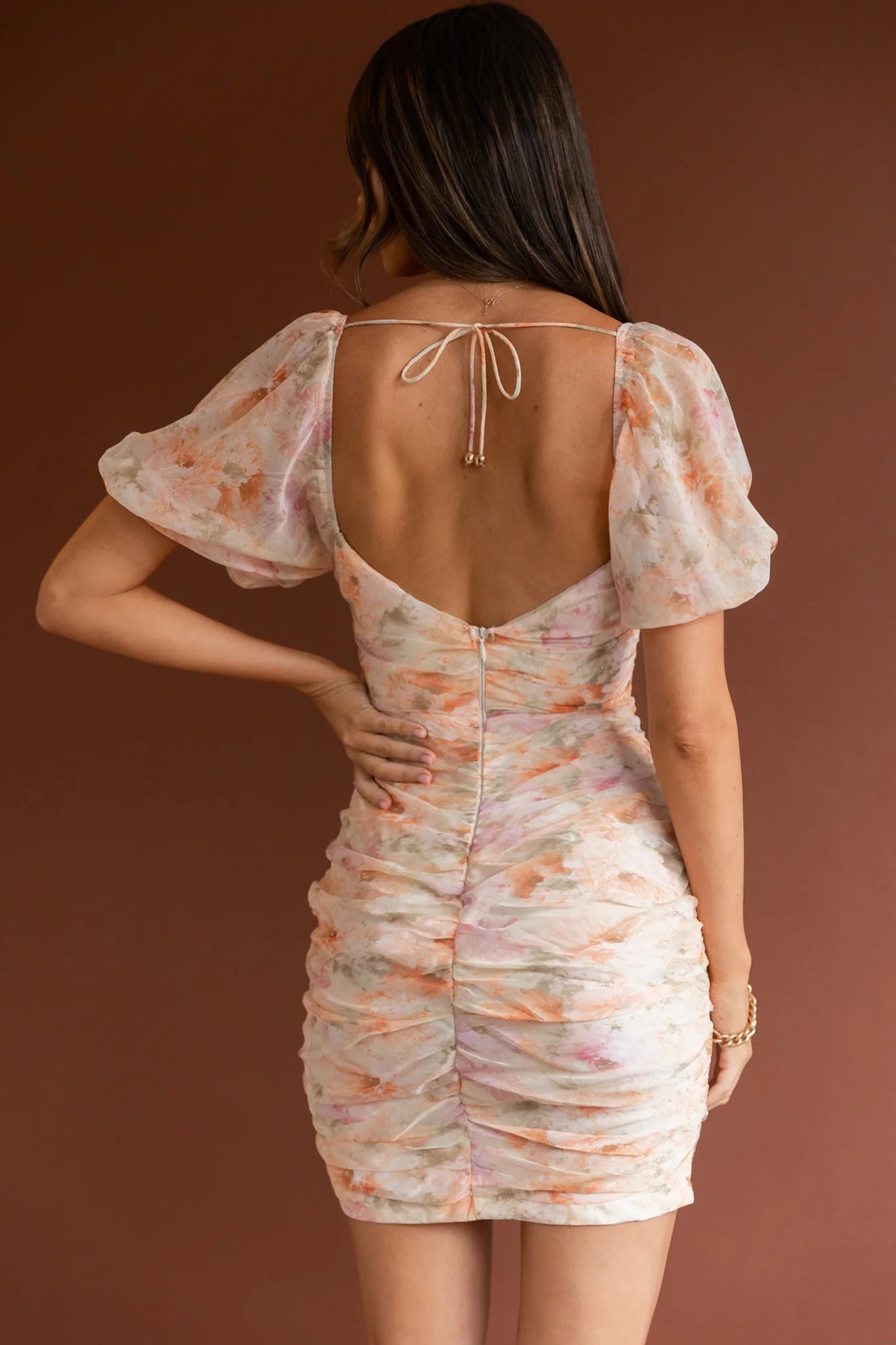 Good Vibes Puff Sleeve Deep V-Neckline Mini Dress Floral Print Orange