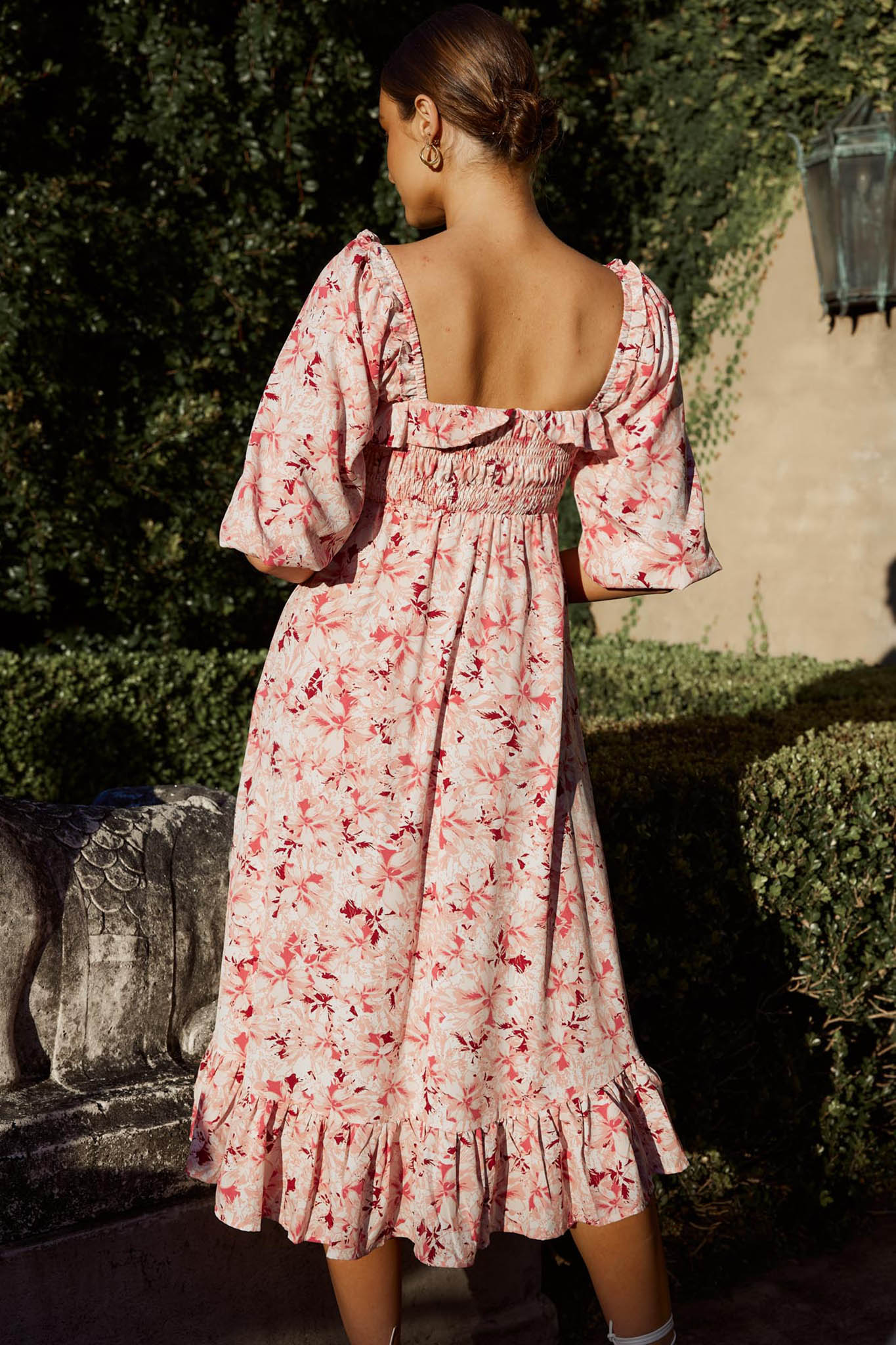 Flynn Balloon Sleeve Shirred Midi Dress Floral Pink