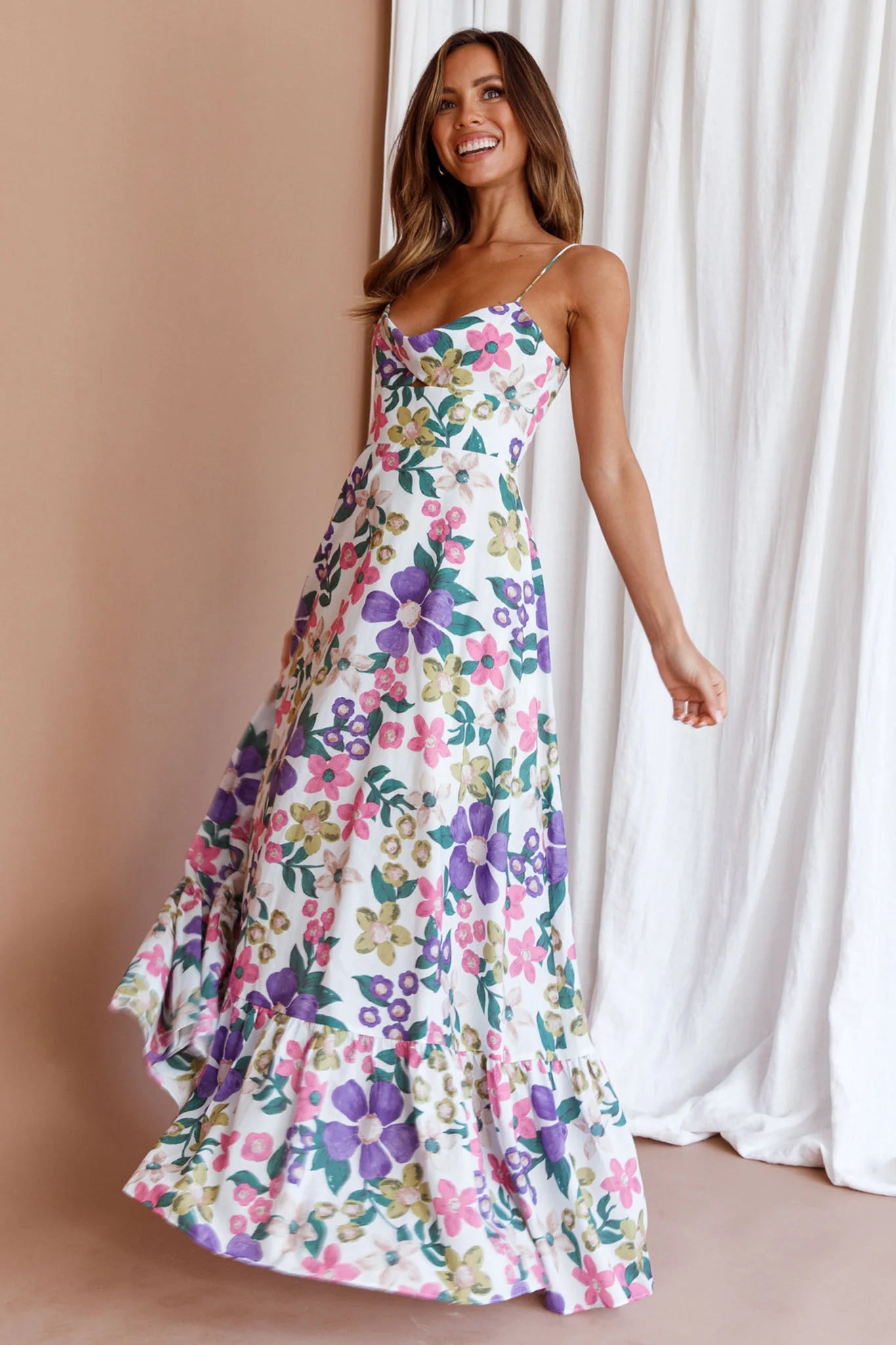 Beachside Flounce Hem Maxi Dress White Floral