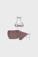 Red and white multistripe terrycloth bikini and skirt set