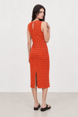 Orange and white polka dot ribbed sleeveless column dress