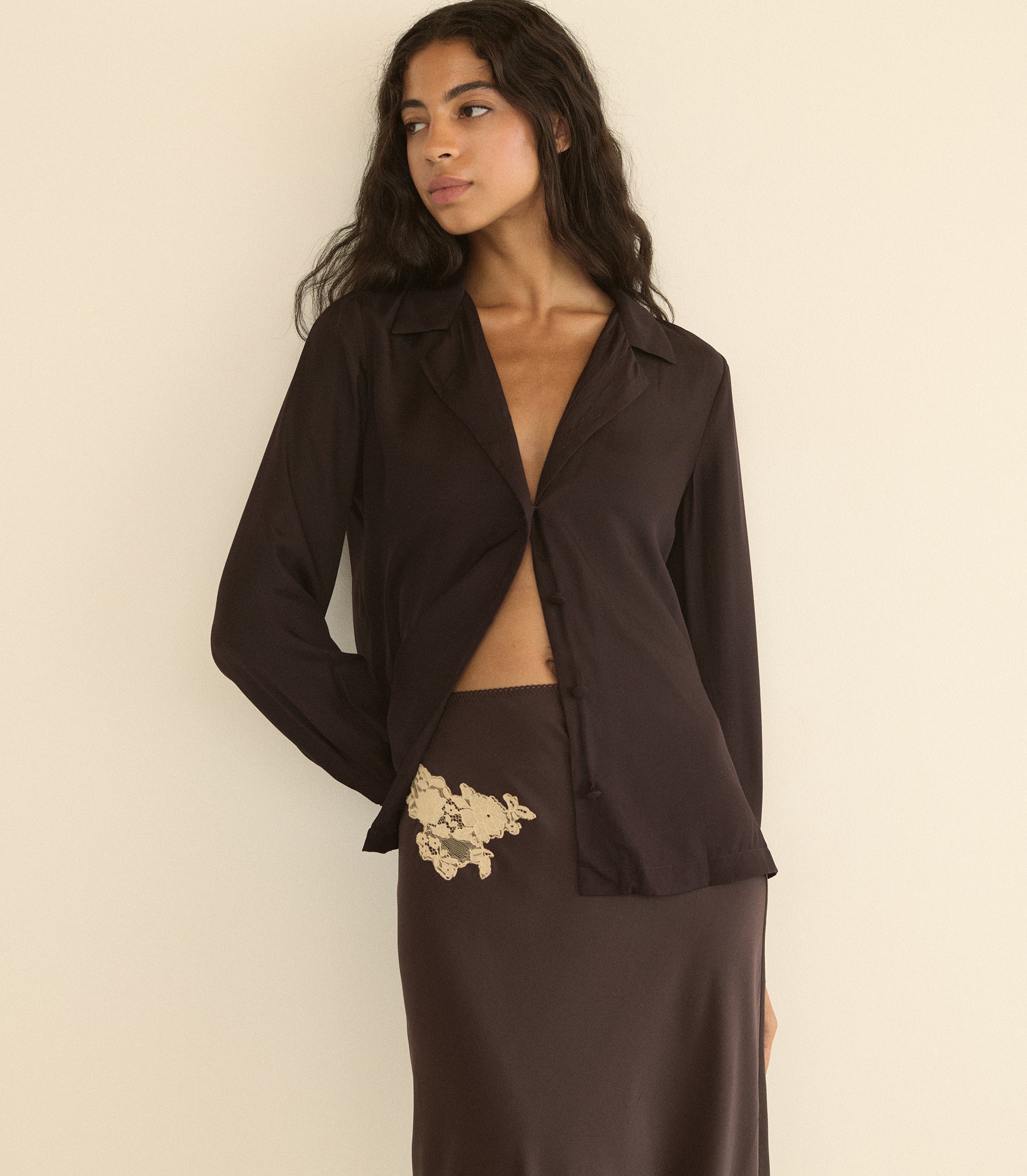 ELOWEN SKIRT -- EQUESTRIAN BROWN WITH CREAM LACE