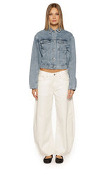 Elana Mid Wash Cinched Waist Denim Jacket