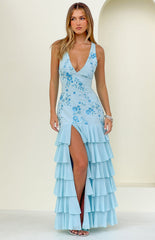 Eleanor Blue Sequin Ruffle Hem Maxi Dress