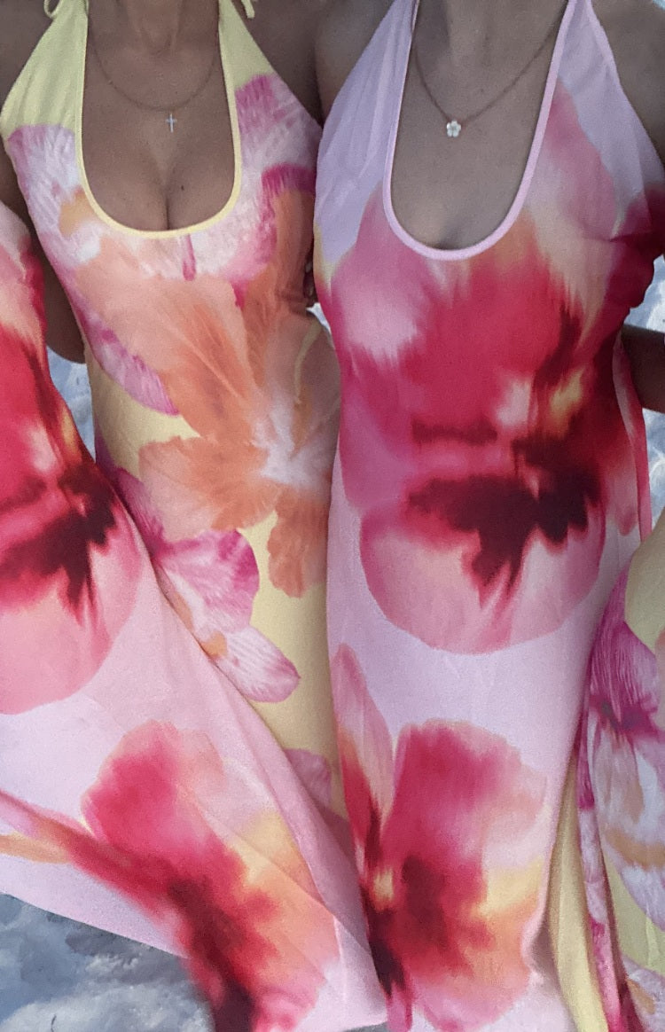Elowen Yellow Hibiscus Floral Halter Maxi Dress