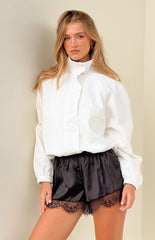 Agnes Black Lace Trim Satin Shorts