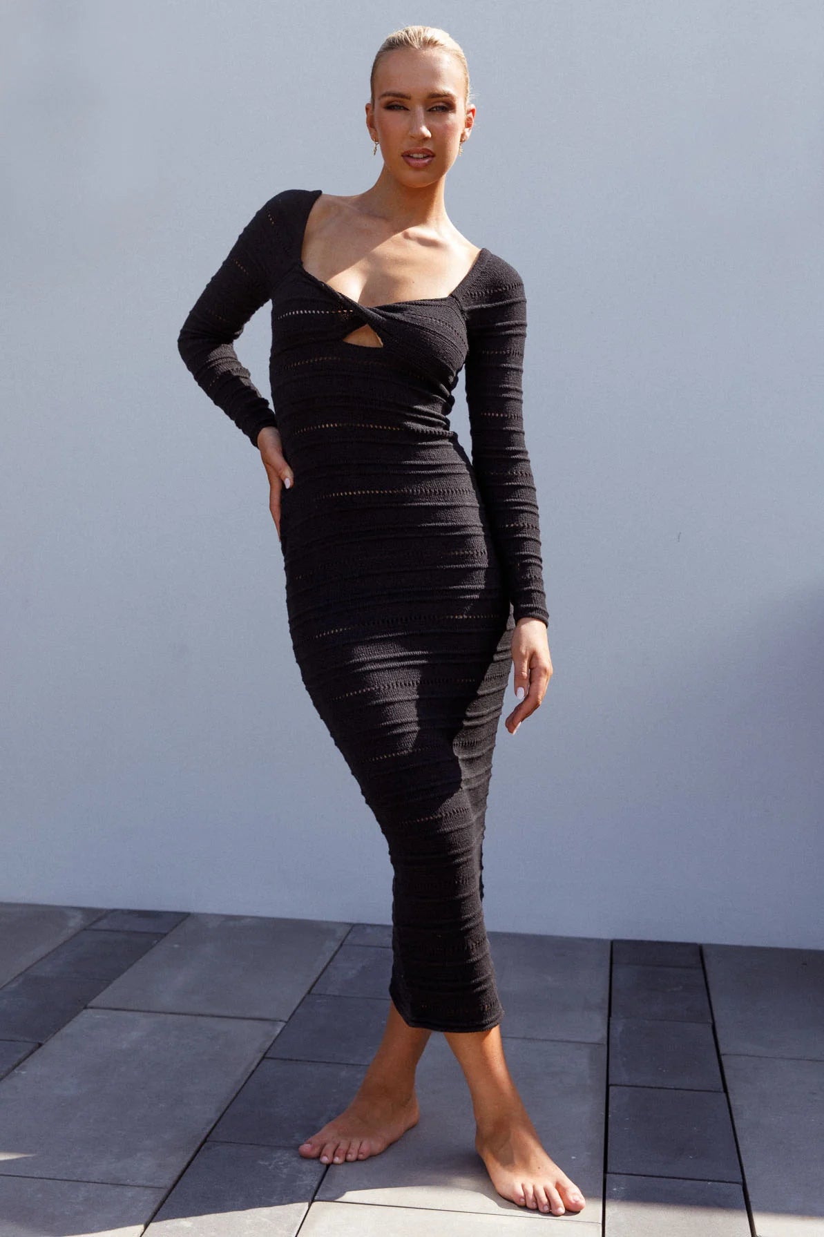 Beachside Crochet Knit Long Sleeve Midi Dress Black