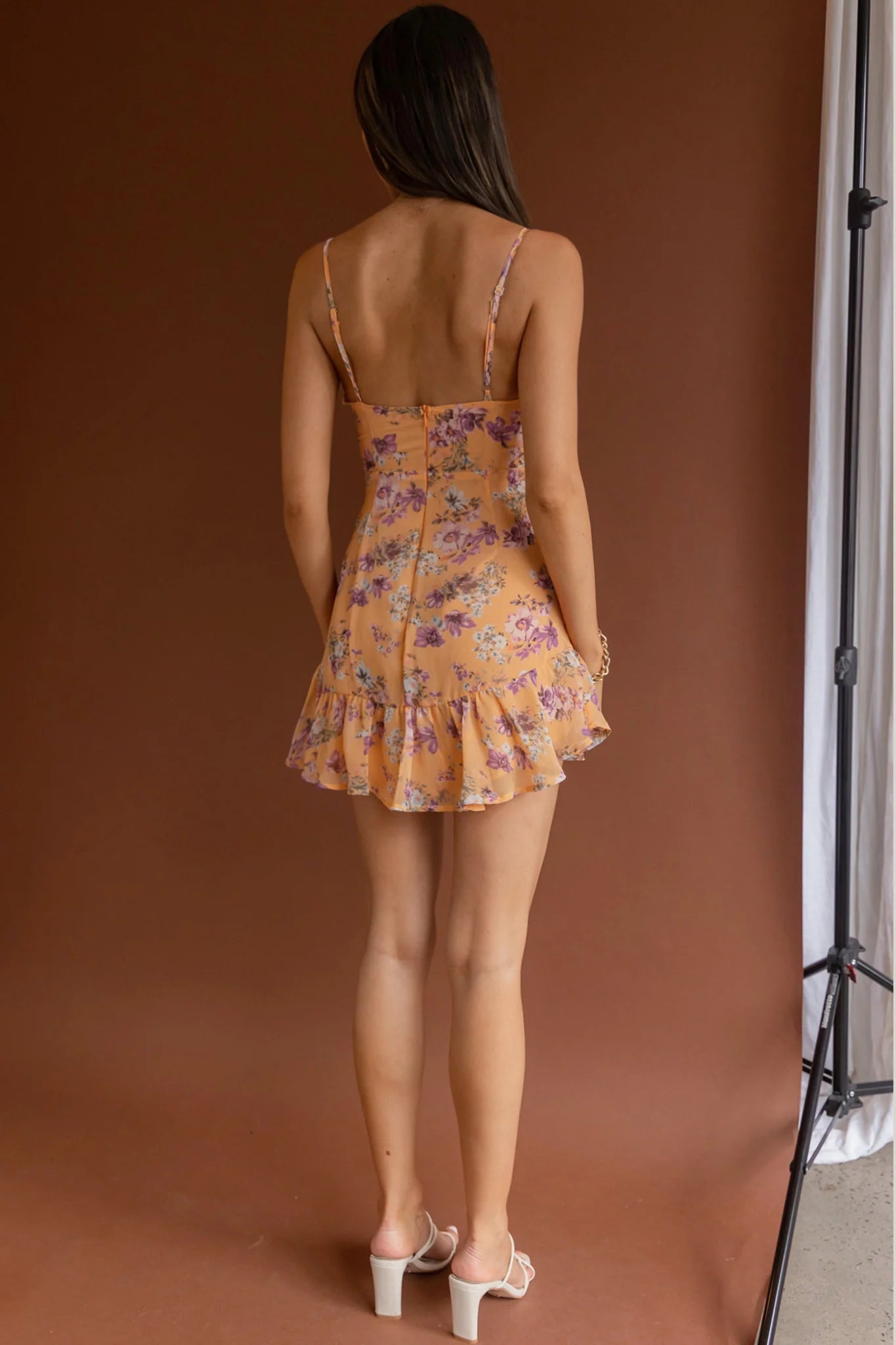 Good Vibes V-Neckline Frill Hem Dress Floral Orange