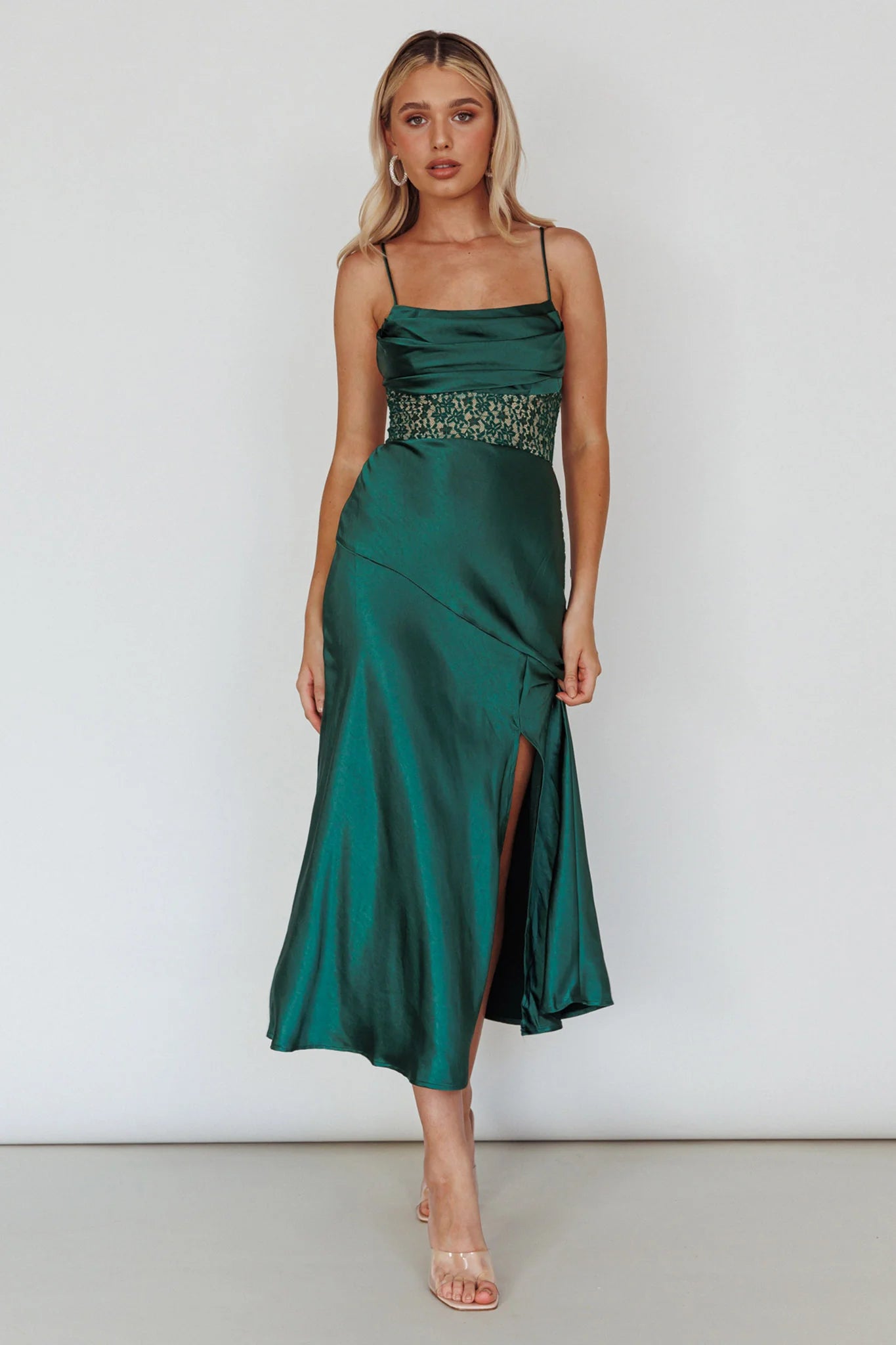 Golden Era Cowl Neck Lace Waist Midi Dress Jade