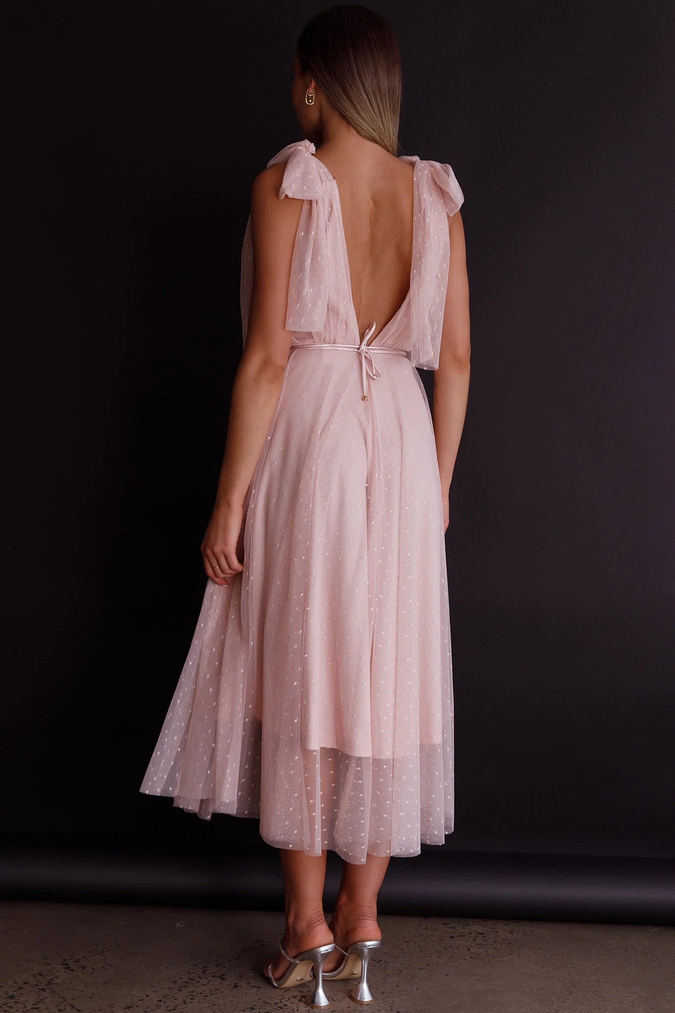 Kathryn Tied Shoulder Mesh Midi Dress Blush