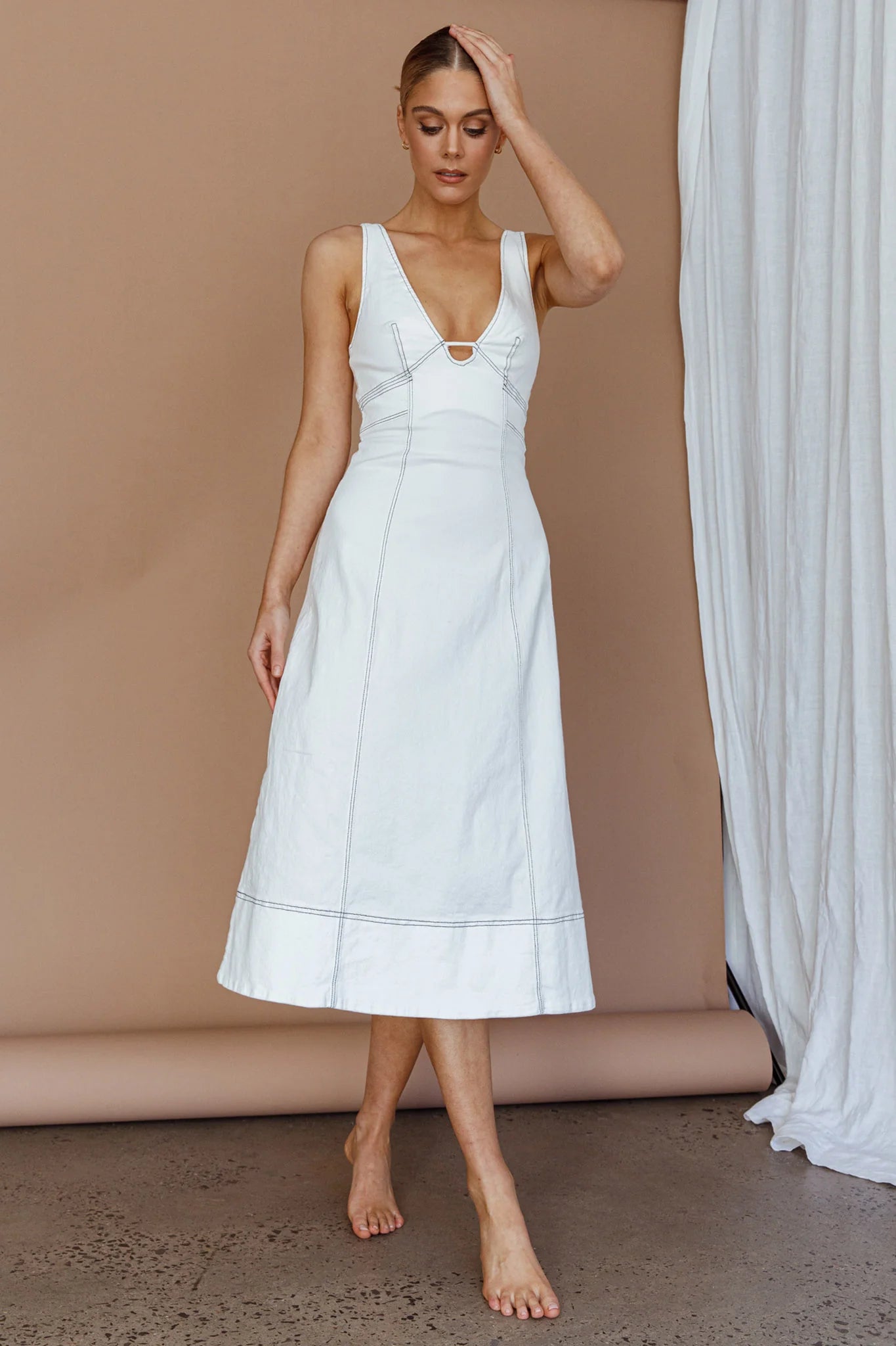 Elias Decorative Stitch Midi Dress White