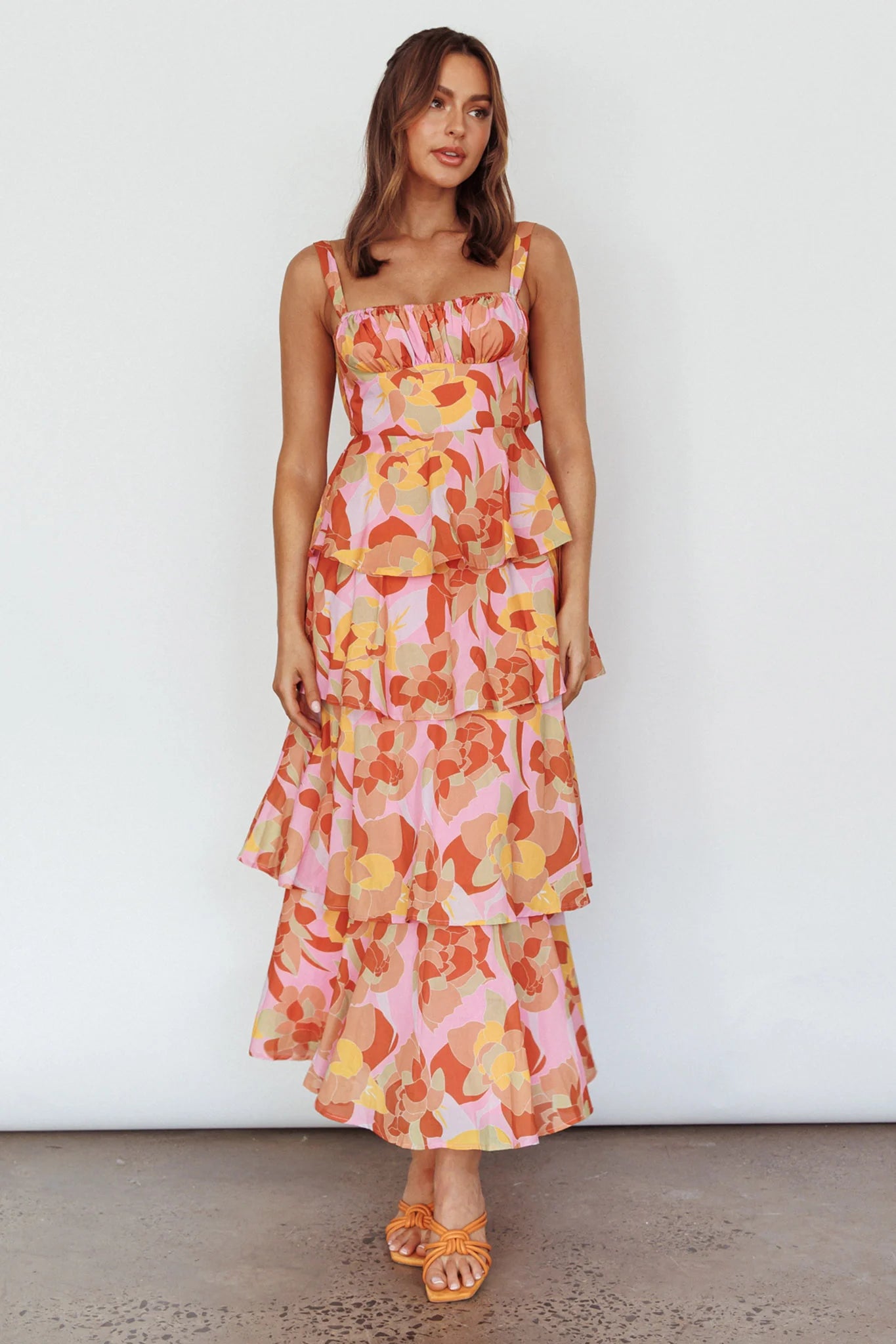 Provence Bloom Tiered Midi Dress Abstract Pink Multi