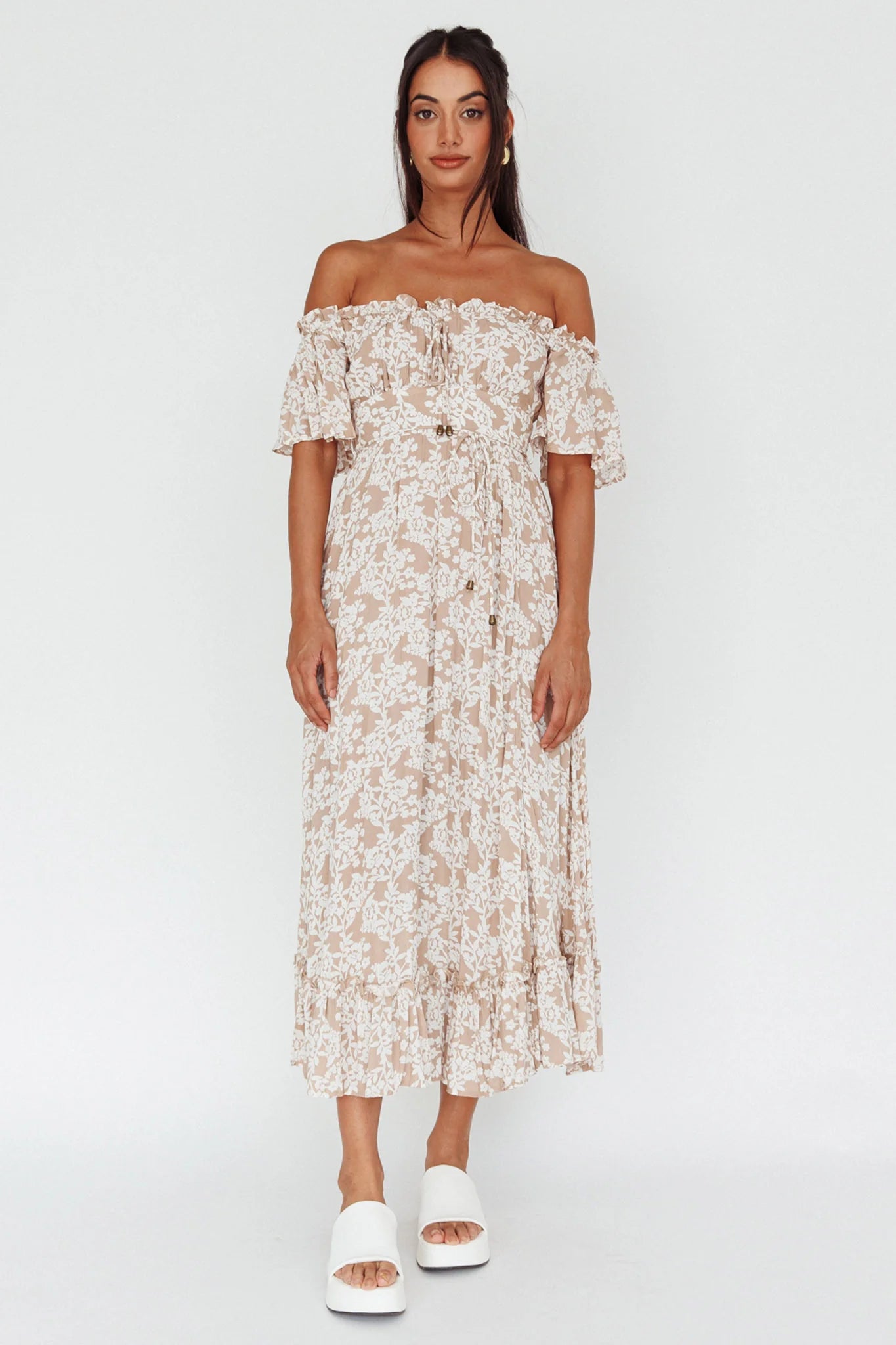 Voyager Off-Shoulder Bell Sleeve Midi Dress Floral Blush