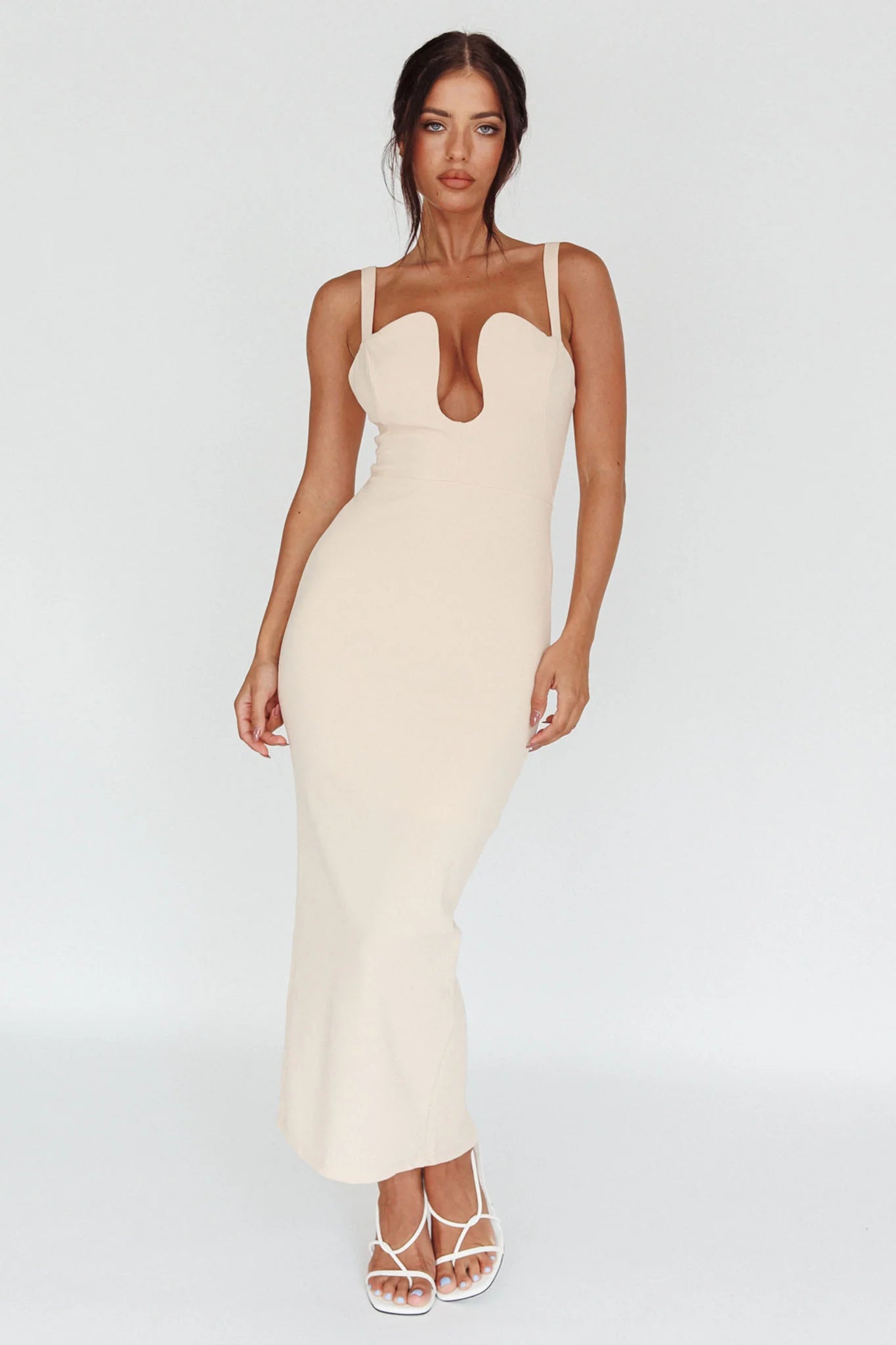 Winter Garden U-Neckline Maxi Dress Beige