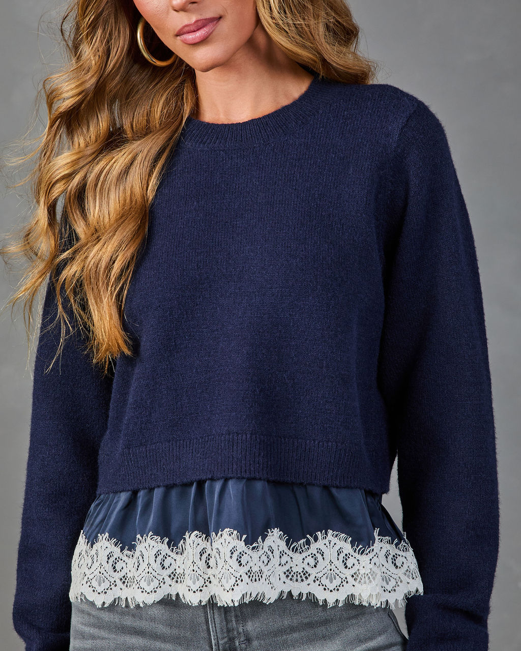 Coastal League Knit Satin Lace Trim Sweater
