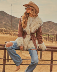 Heidi Shaggy Shearling Faux Suede Wrap Tie Jacket