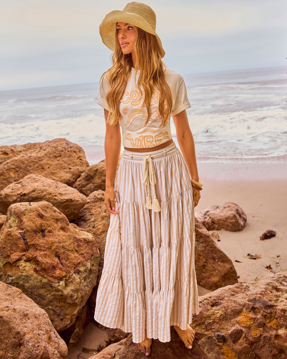 Borrowed Afternoon Striped Waist Tie Maxi Skirt