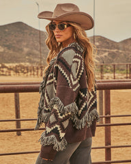 Harvested Dreams Aztec Print Fringe Trim Cardigan