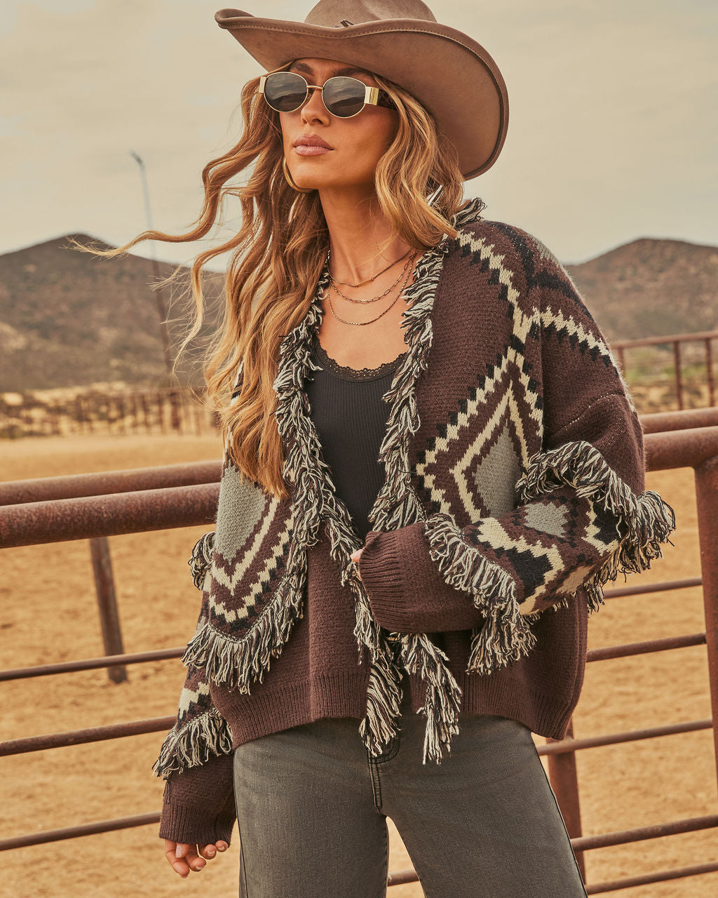 Harvested Dreams Aztec Print Fringe Trim Cardigan