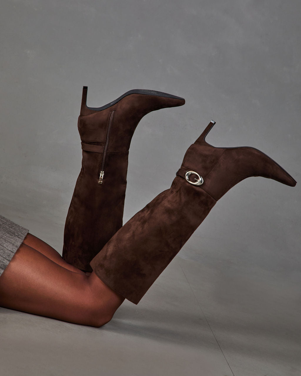 Market Meet Faux Suede Knee High Buckle Boots