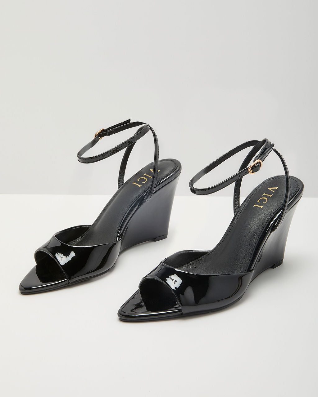 Nicks Patent Faux Leather Open Toe Wedges