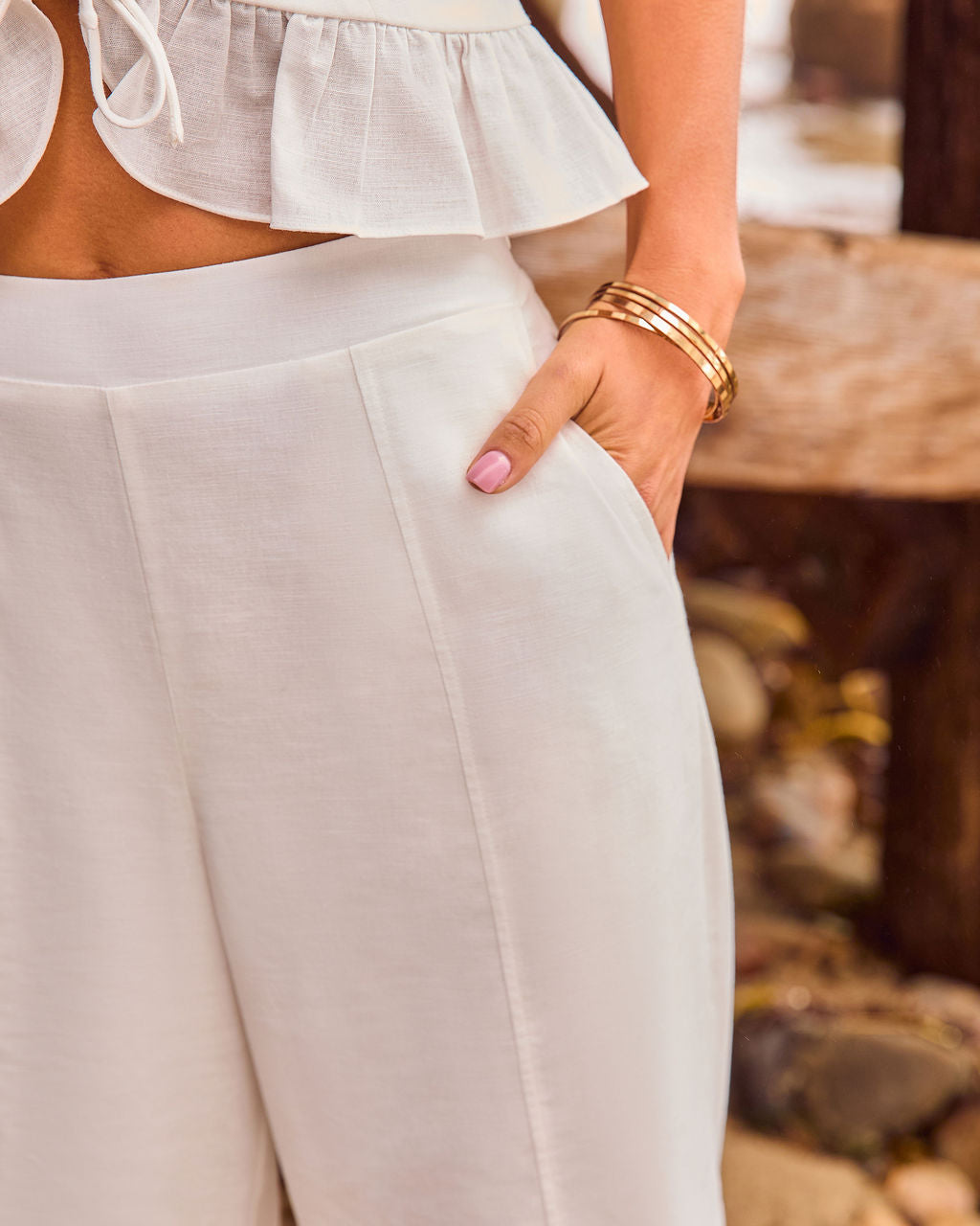Mediterranean Morning Linen Blend Wide Leg Pants