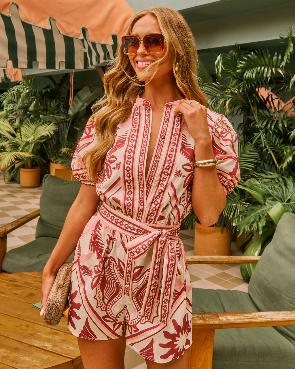 Sorella Shore Cotton Tropical Abstract Waist Tie Romper