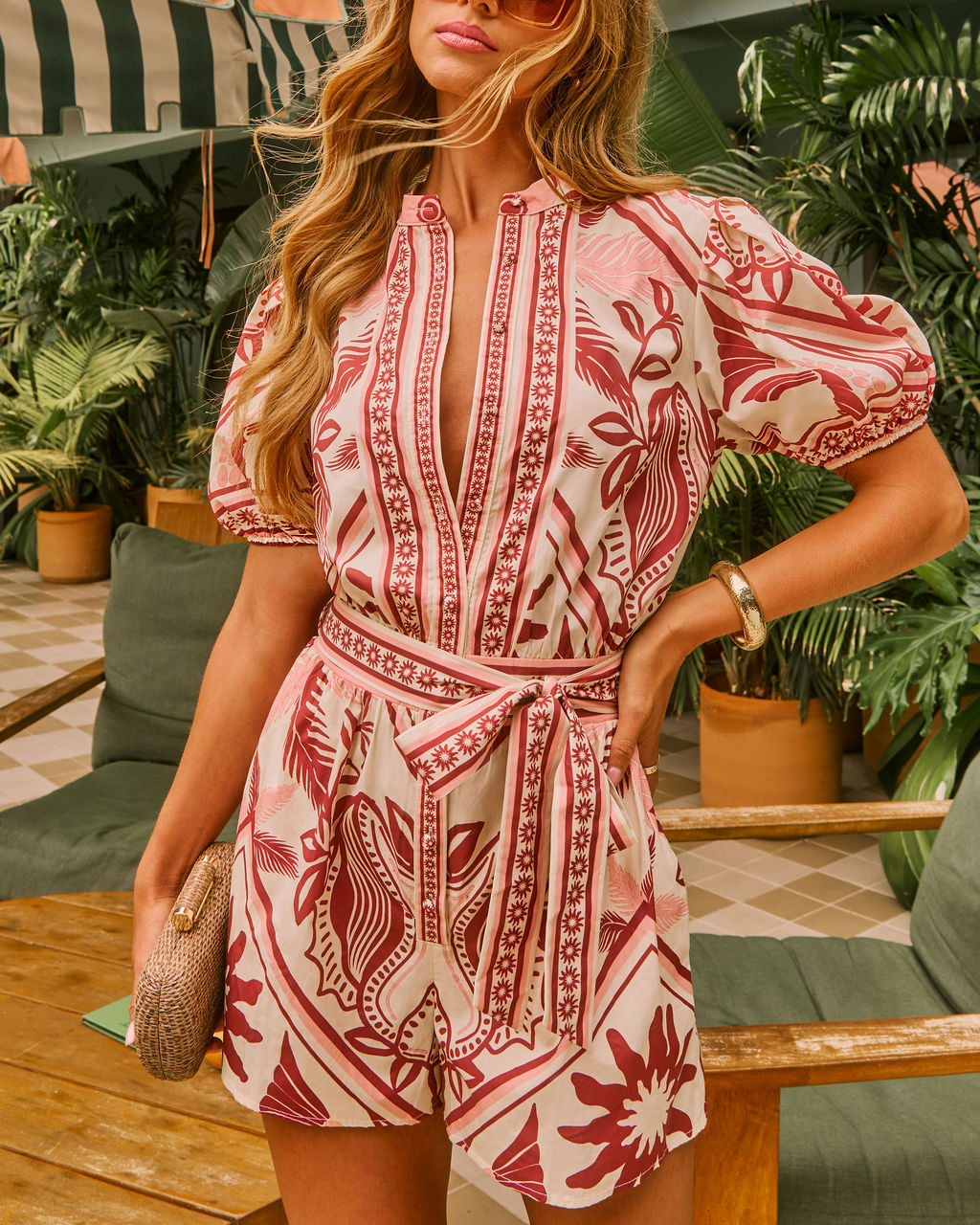 Sorella Shore Cotton Tropical Abstract Waist Tie Romper