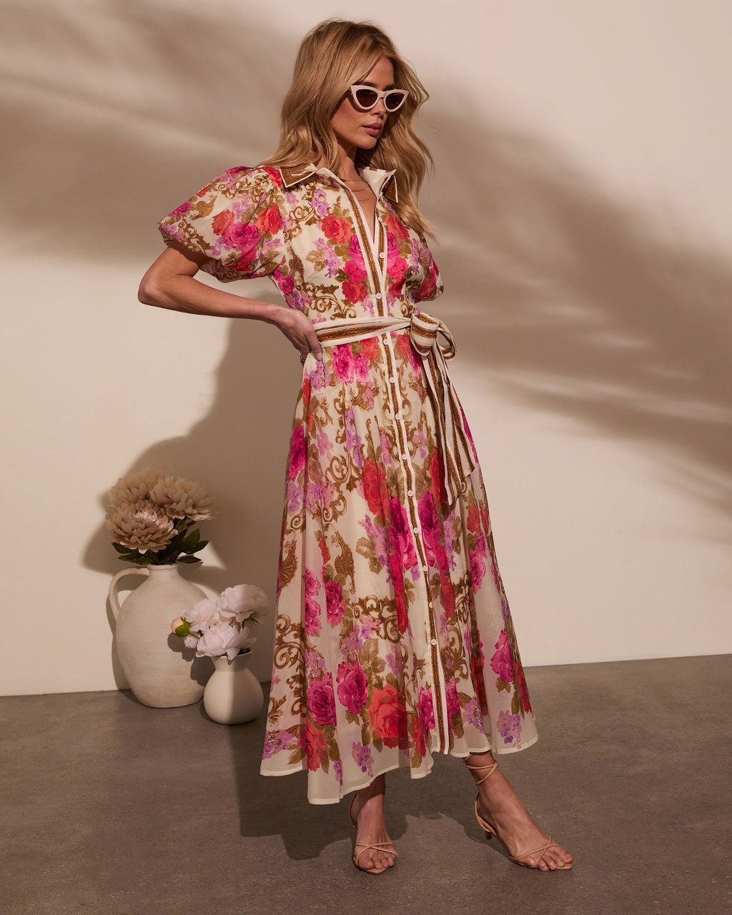 Meadowlane Floral Waist Tie Midi Dress
