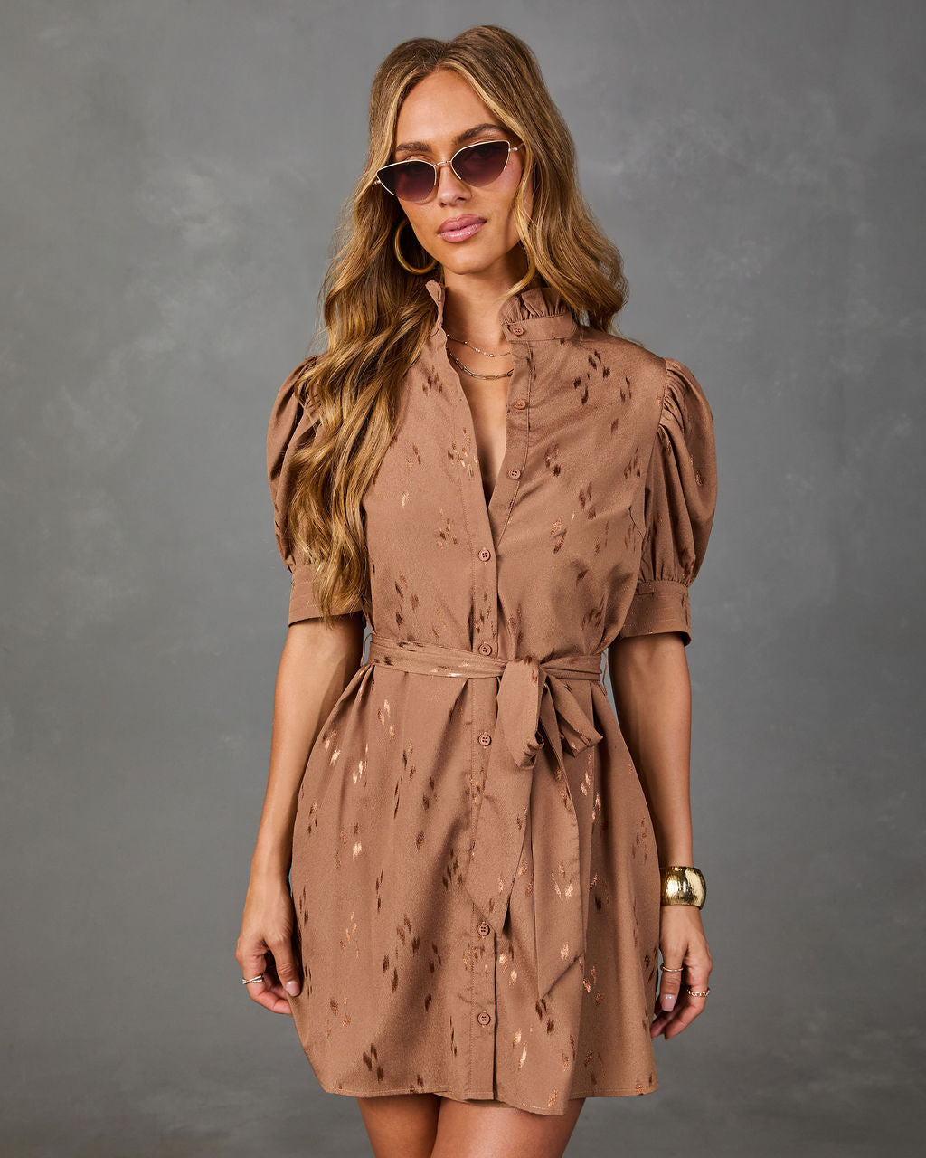 Calista Abstract Mock Neck Waist Tie Mini Dress