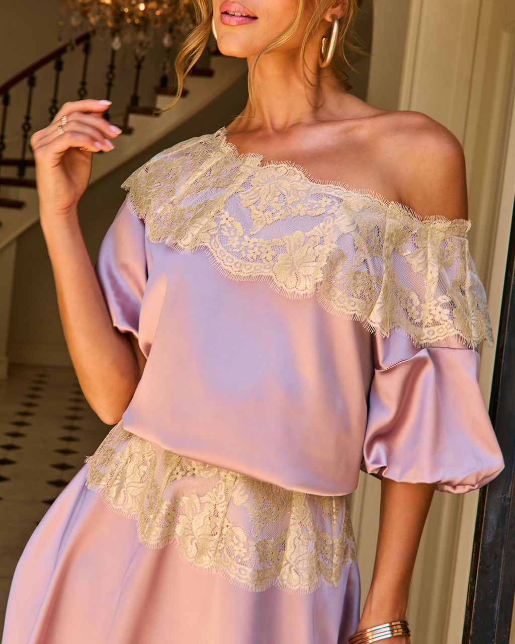 Golden Nights Satin Lace Trim Top