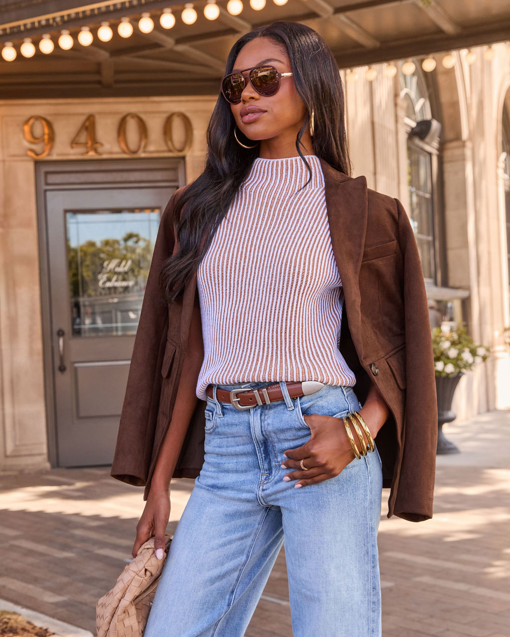 First Feeling Striped Knit Mock Neck Sweater