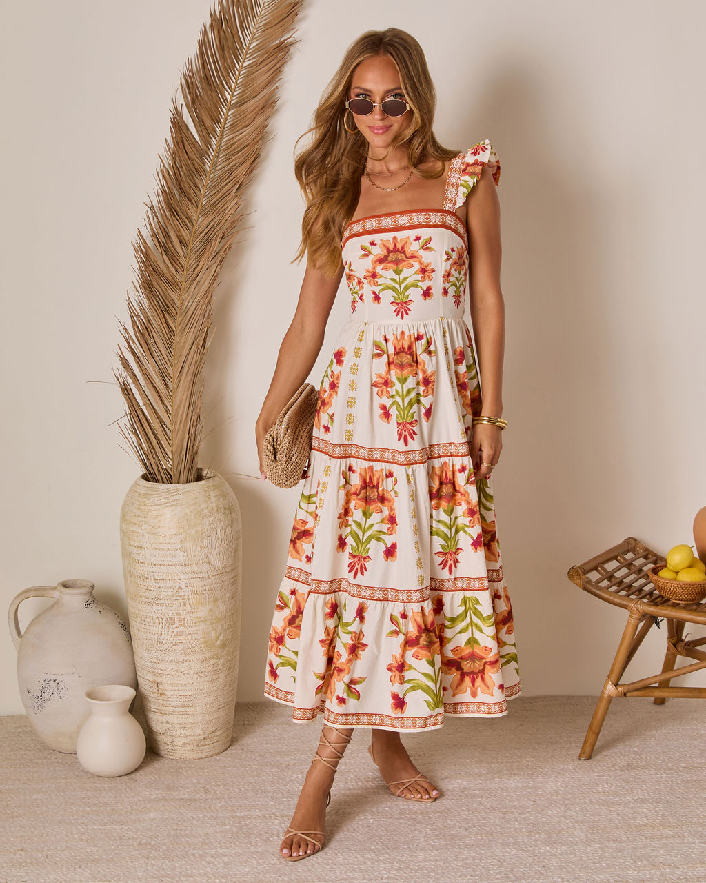 Tropical Reverie Tiered Floral Midi Dress