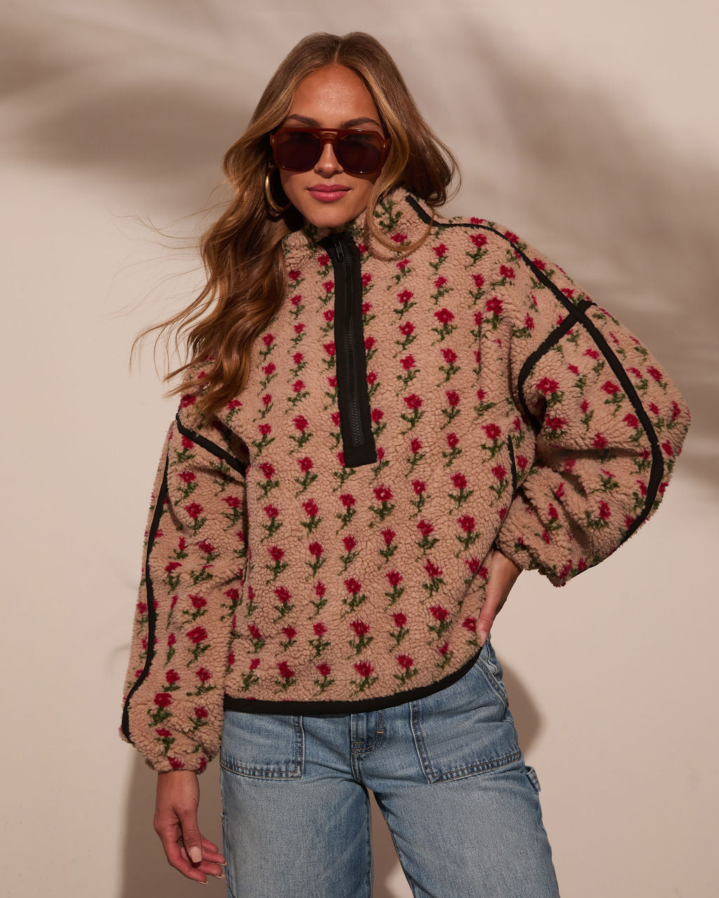 Pauleen Sherpa Floral Quarter Zip Sweatshirt