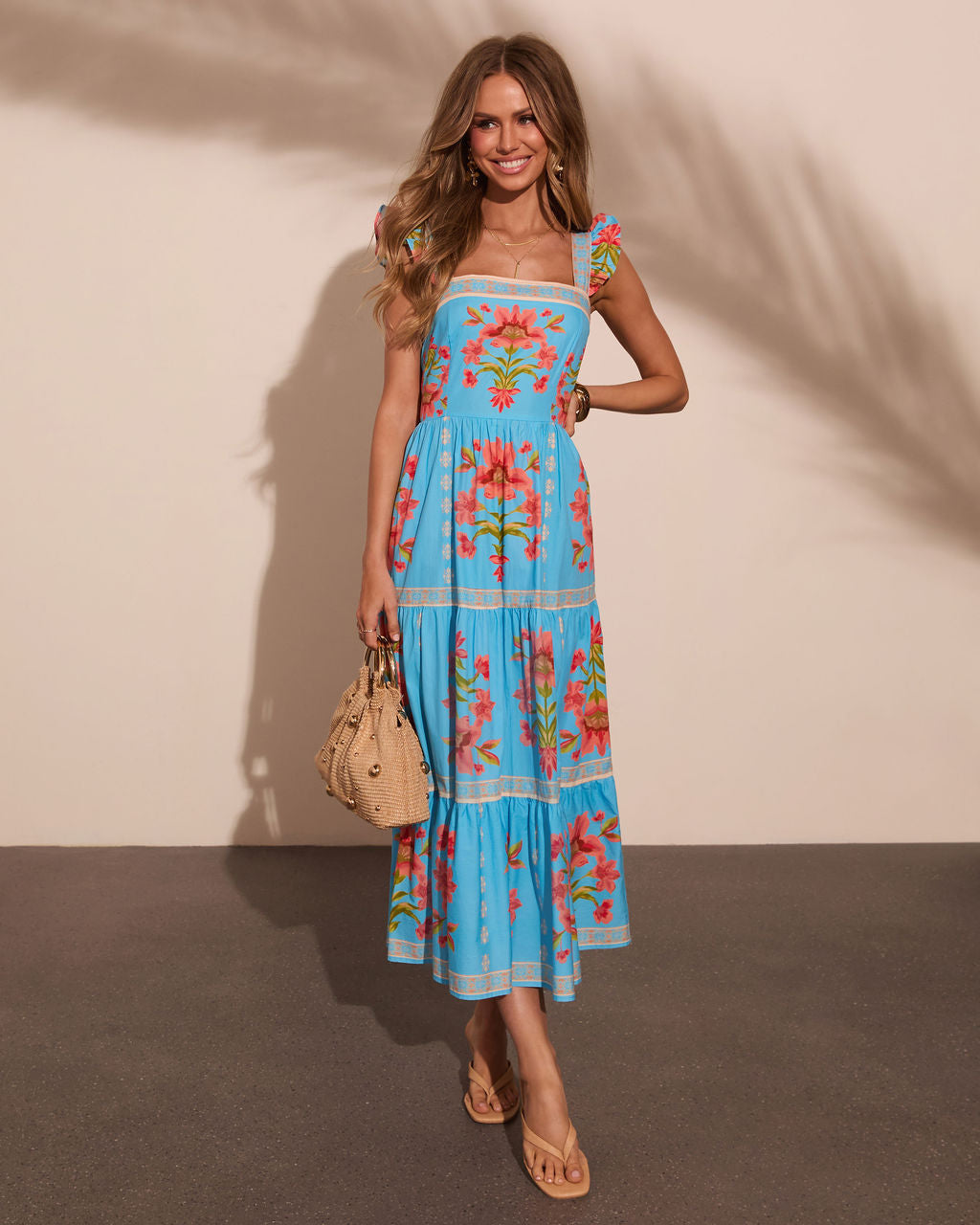 Tropical Reverie Tiered Floral Midi Dress