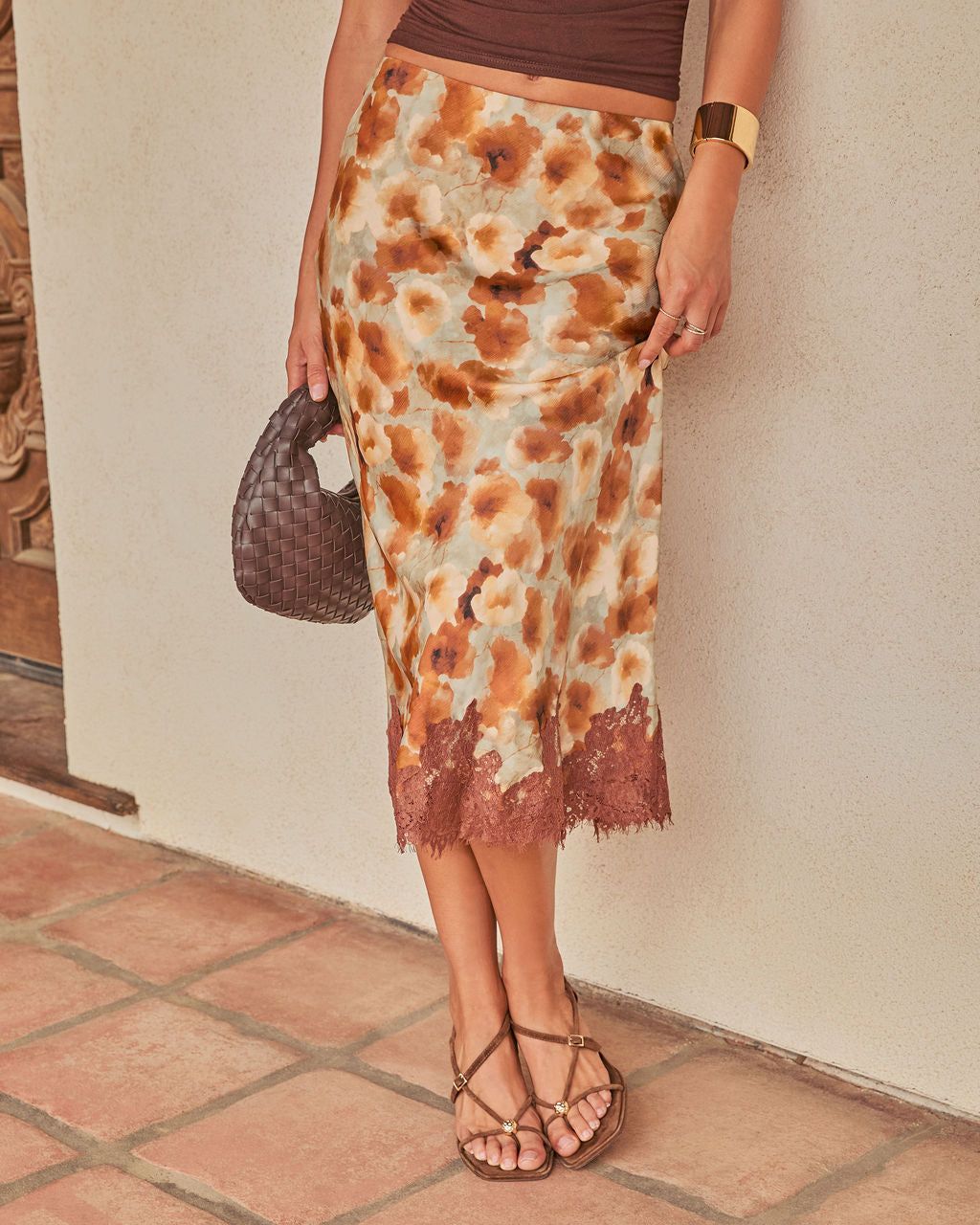 Harvest Romance Floral Lace Trim Midi Skirt