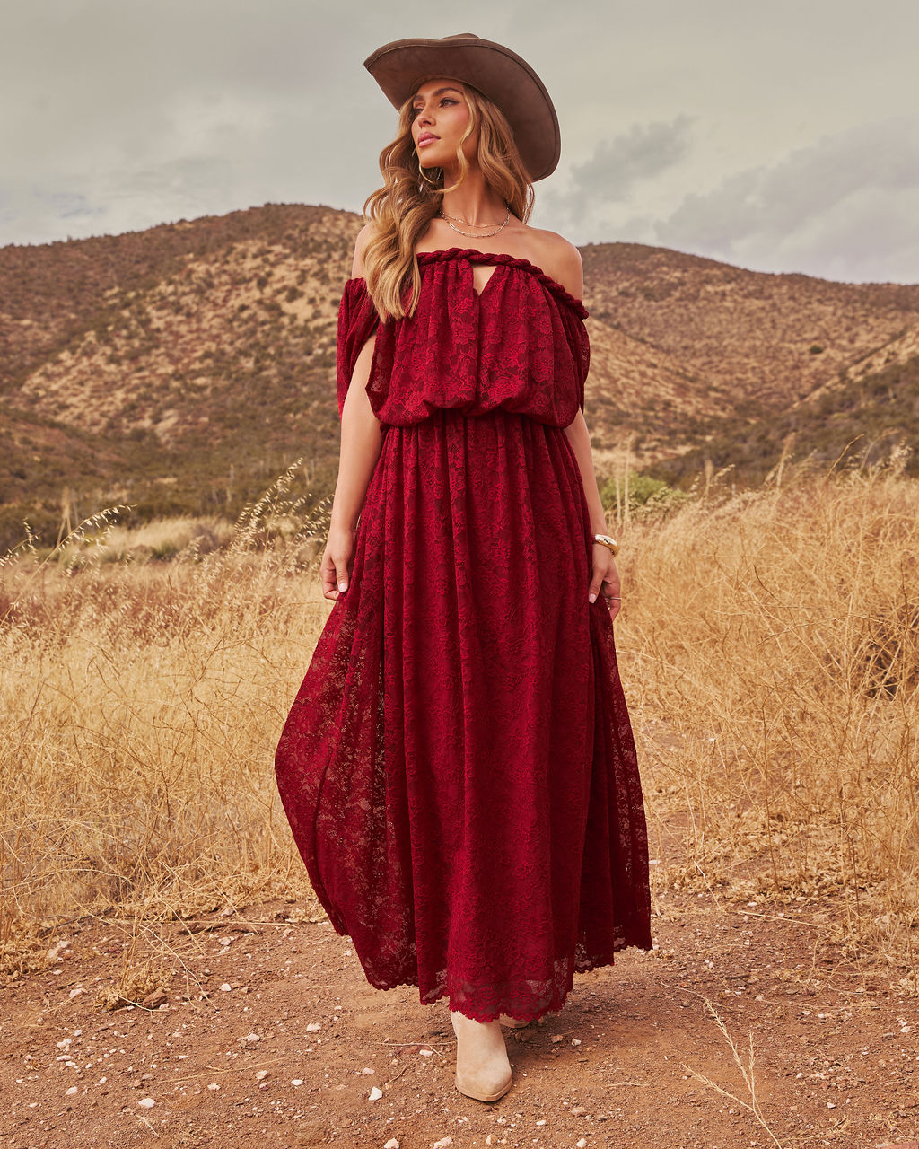 Serafina Floral Lace Off the Shoulder Maxi Dress