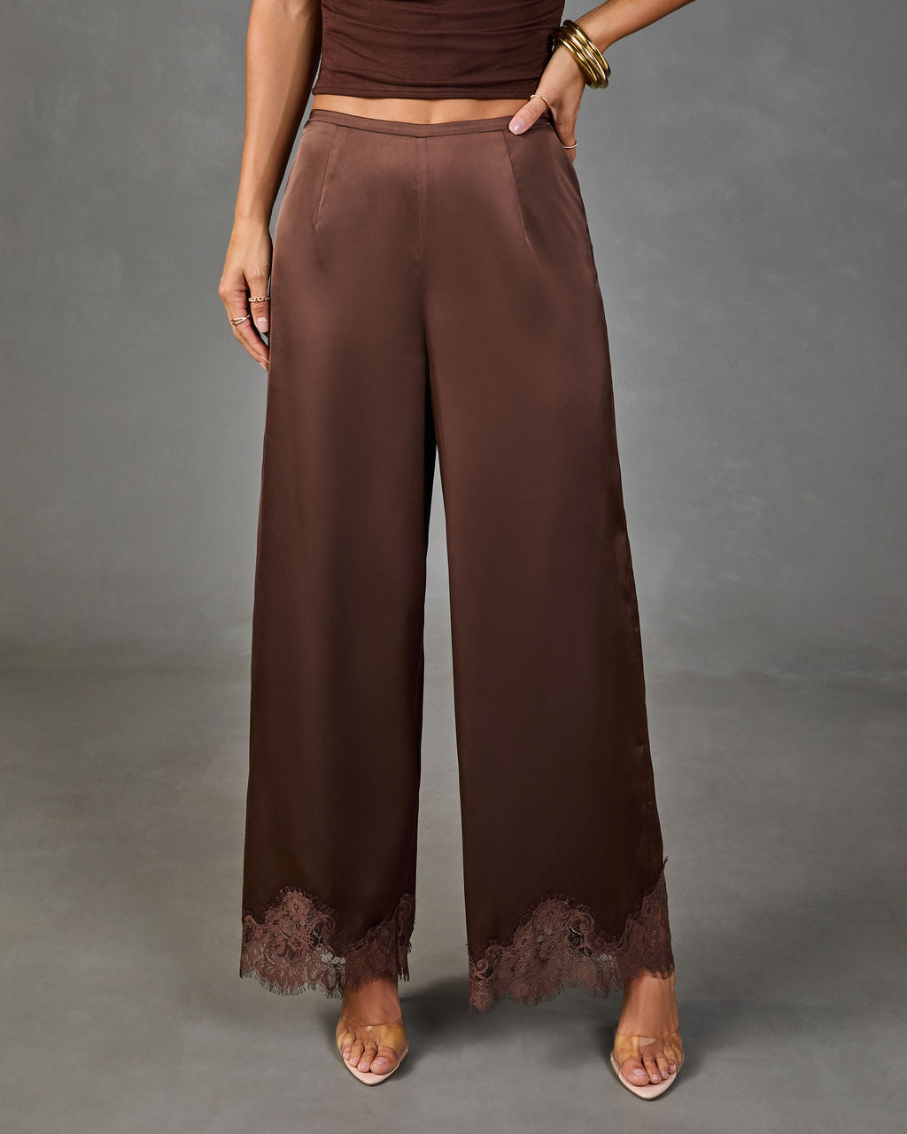 Soera Satin Wide Leg Lace Trim Pants