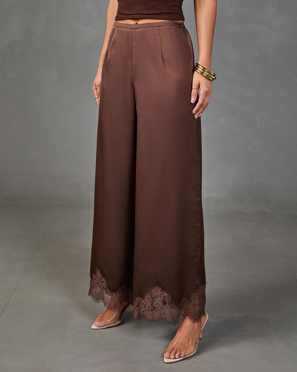 Soera Satin Wide Leg Lace Trim Pants