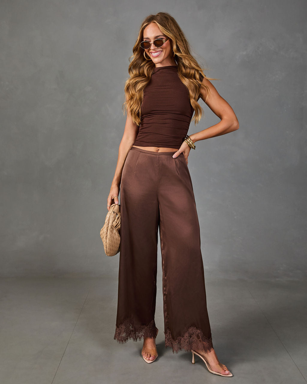 Soera Satin Wide Leg Lace Trim Pants