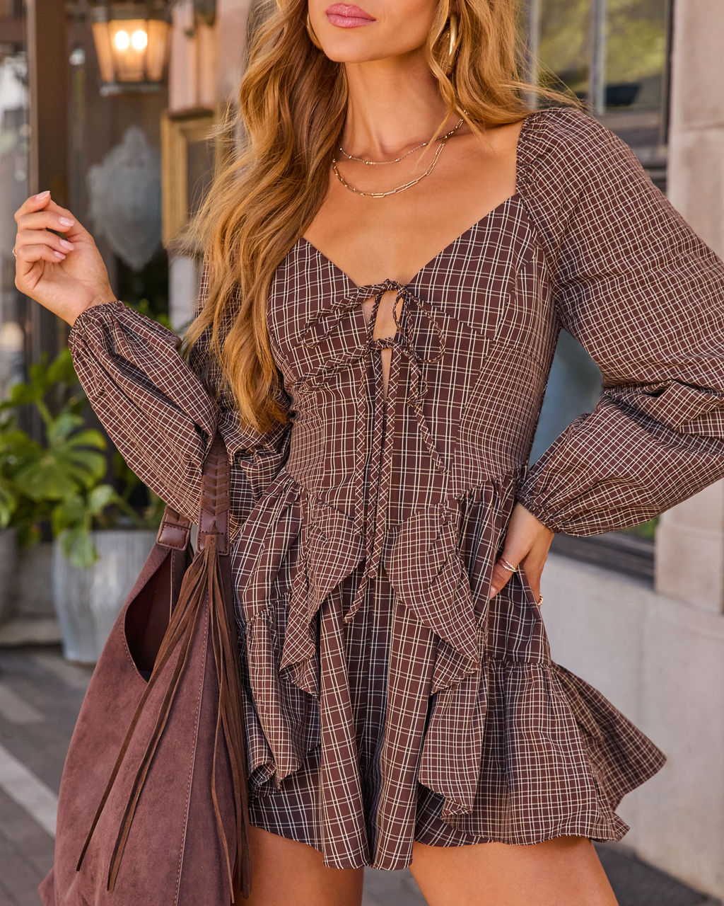 Lendsey Plaid Bust Tie Ruffle Romper